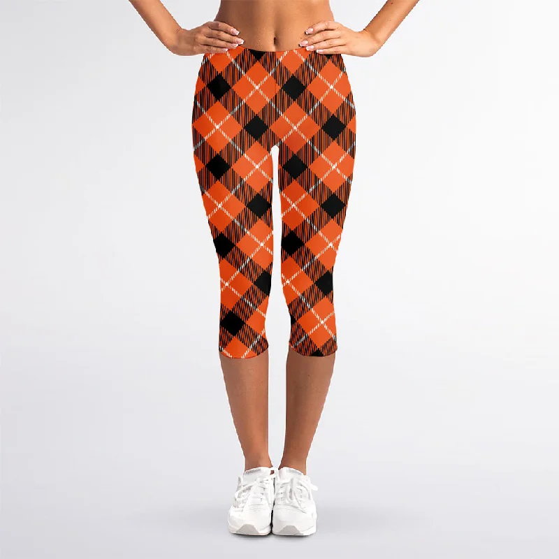Price Smash Orange Black And White Plaid Print Women's Capri Leggings