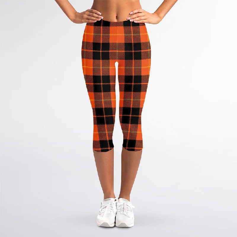 Savings Bonanza Orange Black And Yellow Tartan Print Women's Capri Leggings