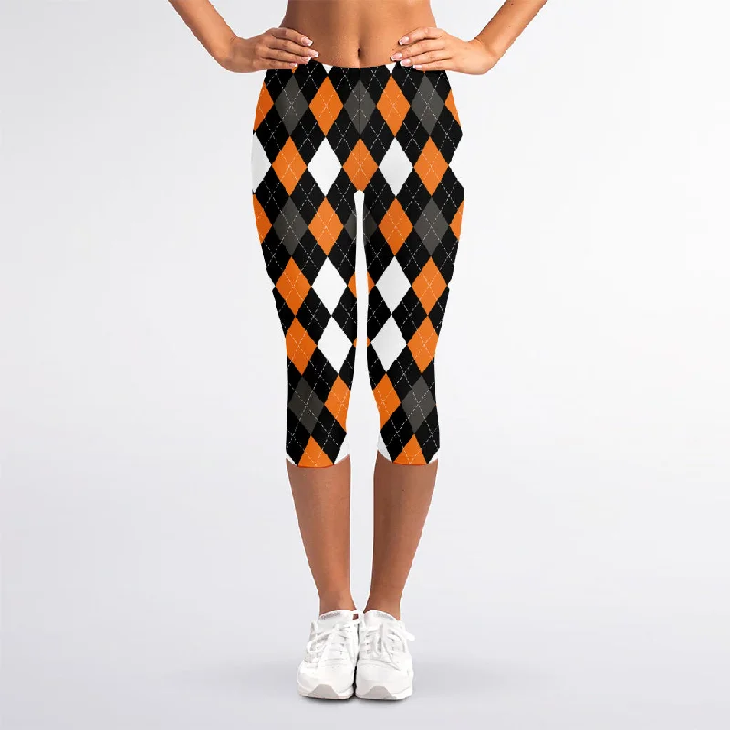 Savings Event Orange Black Grey And White Argyle Print Women's Capri Leggings