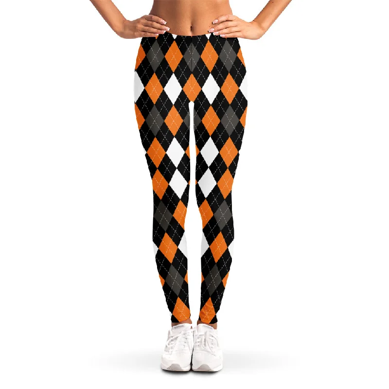 New Arrival Orange Black Grey And White Argyle Print Women's Leggings
