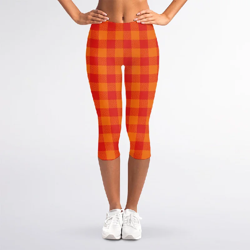Price Meltdown Orange Buffalo Check Pattern Print Women's Capri Leggings