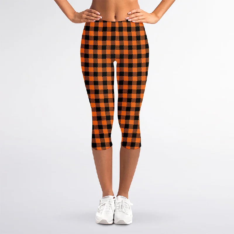 Price Buster Orange Buffalo Plaid Print Women's Capri Leggings