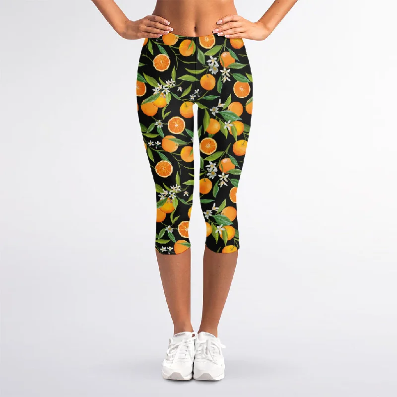 Friends and Family Sale Orange Fruit Pattern Print Women's Capri Leggings