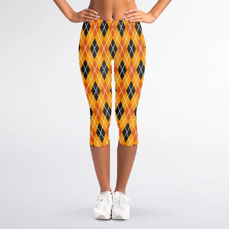 Limited Edition Orange Halloween Argyle Pattern Print Women's Capri Leggings