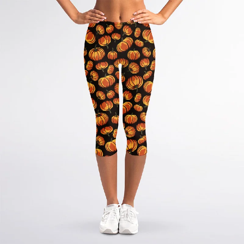 Members Only Orange Halloween Pumpkin Pattern Print Women's Capri Leggings