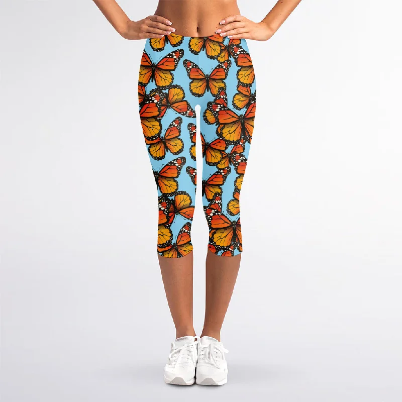 Time-Limited Offer Orange Monarch Butterflies Pattern Print Women's Capri Leggings