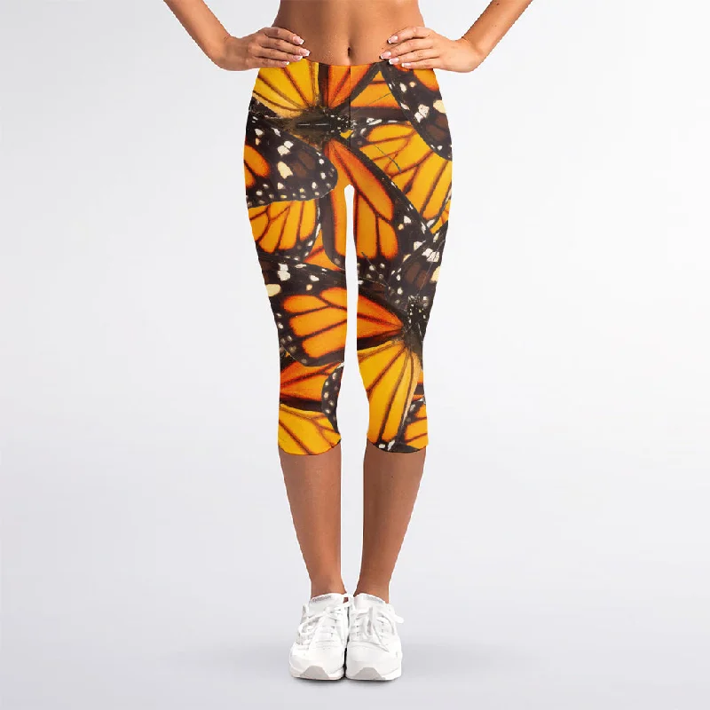 Super Sale Orange Monarch Butterfly Pattern Print Women's Capri Leggings