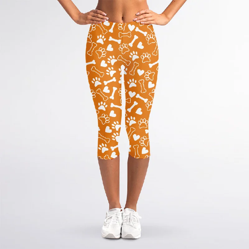 Stock Clearance Orange Paw And Bone Pattern Print Women's Capri Leggings