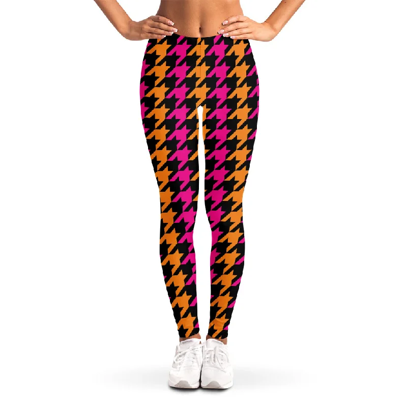 Don't Miss Orange Pink And Black Houndstooth Print Women's Leggings
