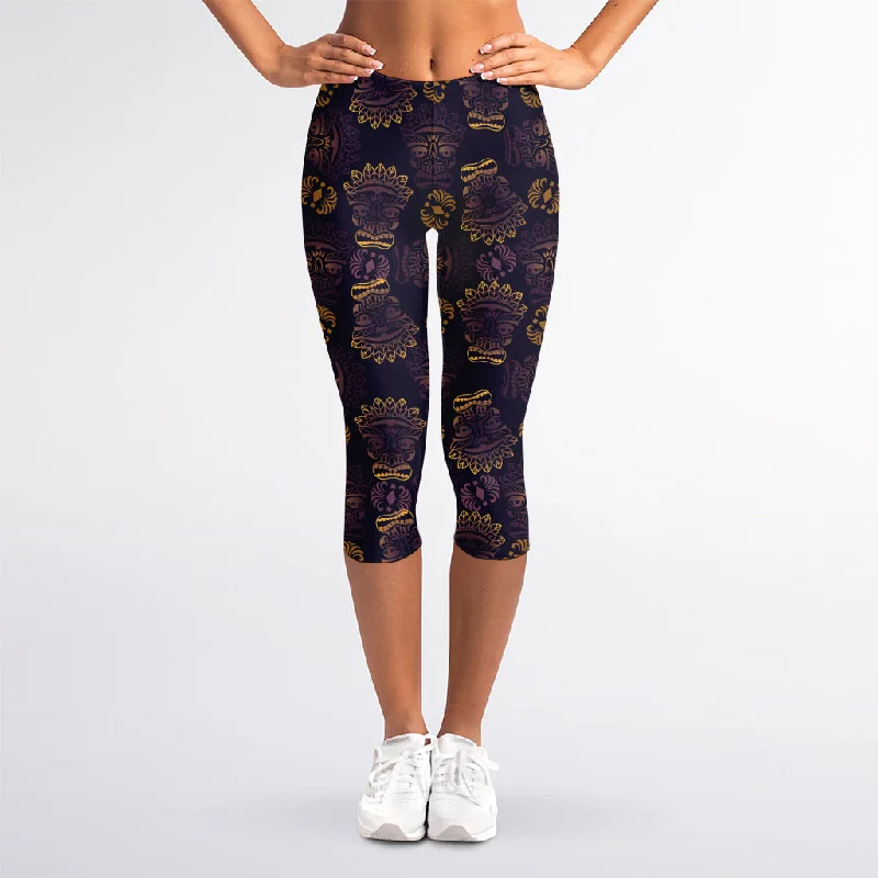 Great Deals Ornament Tiki Mask Pattern Print Women's Capri Leggings