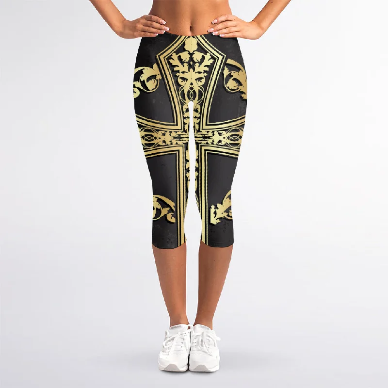 Epic Deals Ornamental Golden Cross Print Women's Capri Leggings