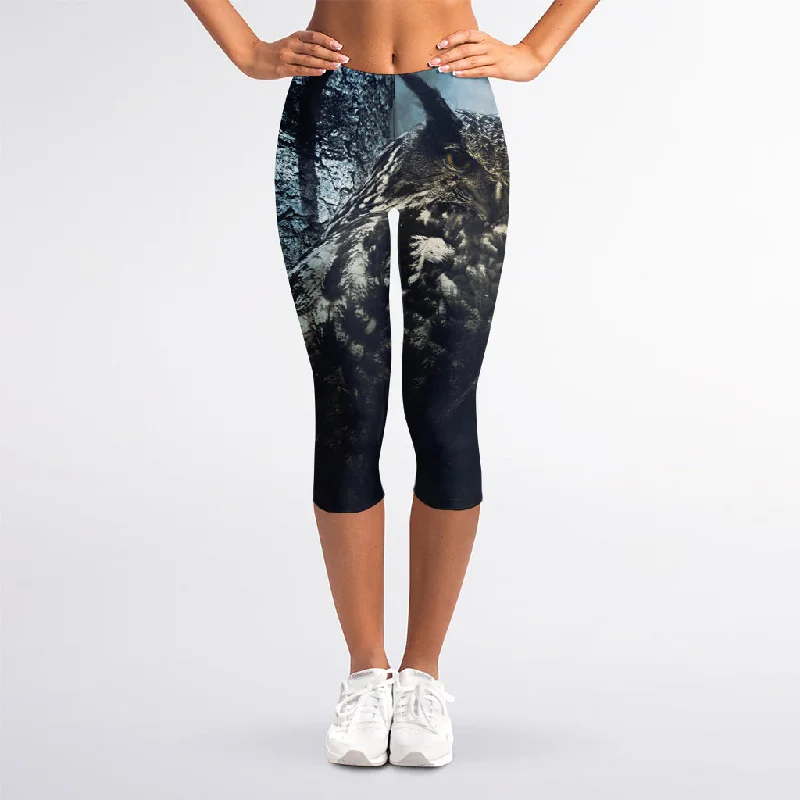 Today's Special Owl At Night Print Women's Capri Leggings