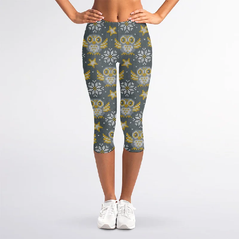 One-DAY Sale Owl Knitted Pattern Print Women's Capri Leggings
