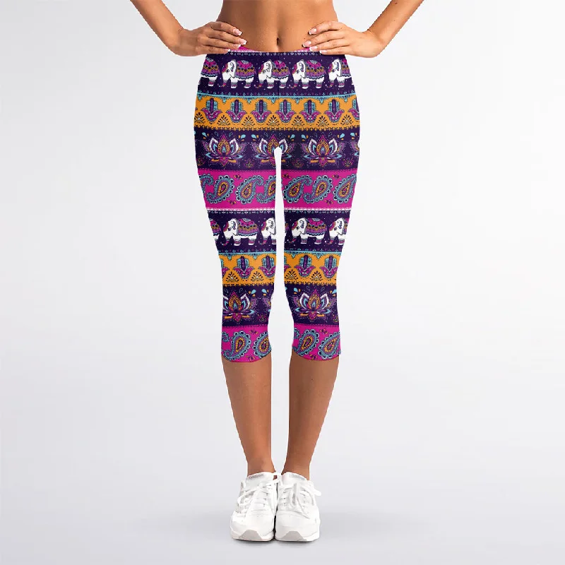 Deal of the Week Paisley Elephant Hamsa Pattern Print Women's Capri Leggings