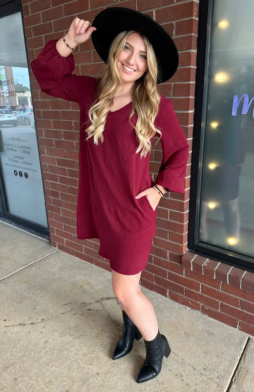 Don't Wait Airflow Balloon Sleeve Dress Wine