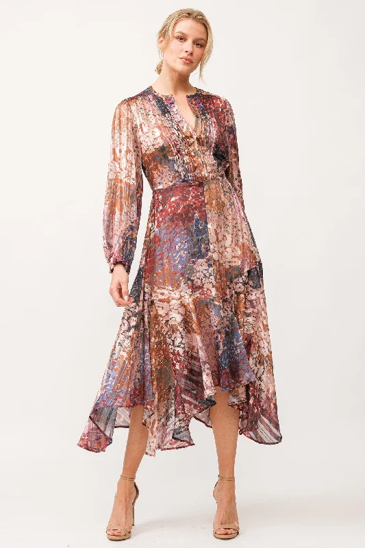 Grand Opening Sale AMELIE HIDDEN PLACKET LONG SLEEVE RELAXED FIT DRESS TINSEL GARDEN
