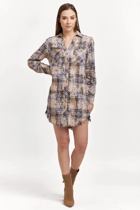 Seasonal Clearance AVERY BUTTON DOWN COLLARED RELAXED FIT DRESS BLUE BLEACHED FLANNEL