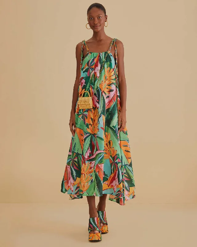 Limited Edition Multicolor Banana Foliage Sleeveless Midi Dress