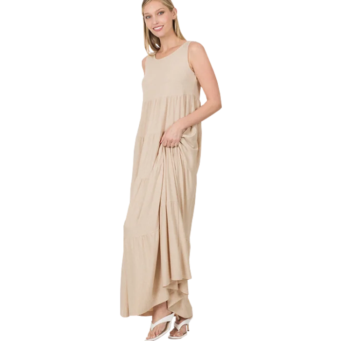 Special Price Beige Sleeveless Tiered Maxi Dress