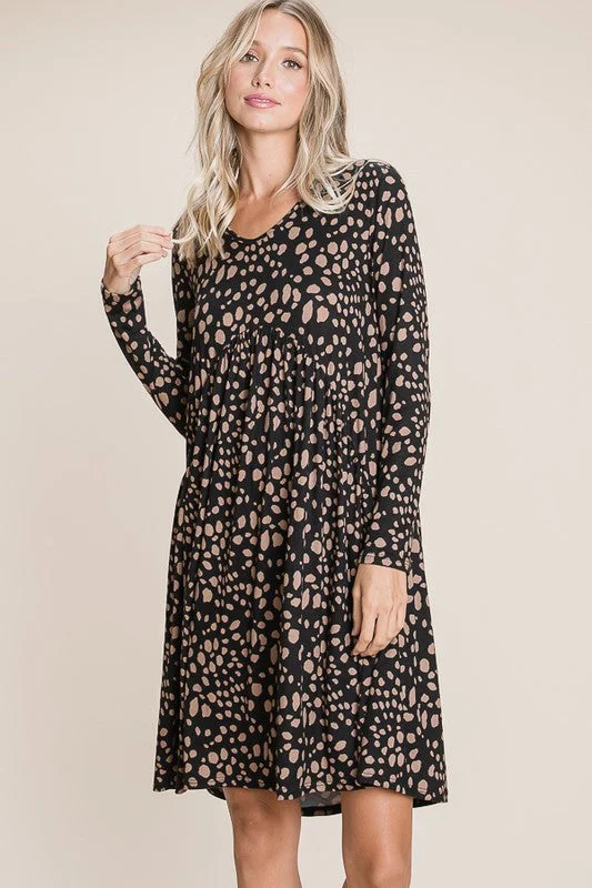 Super Bargain Black & Camel Specked Long Sleeve Babydoll Dress