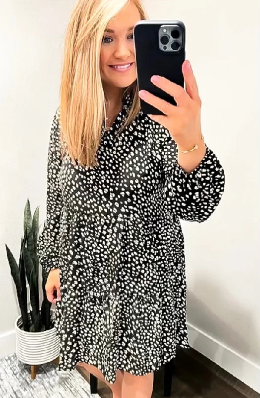 Reduced Prices Black Dotted Animal Print Ruffle Dress