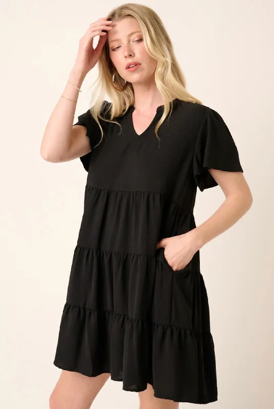 Huge Discounts Black Ruffle Air Flow Notch Collar Dress