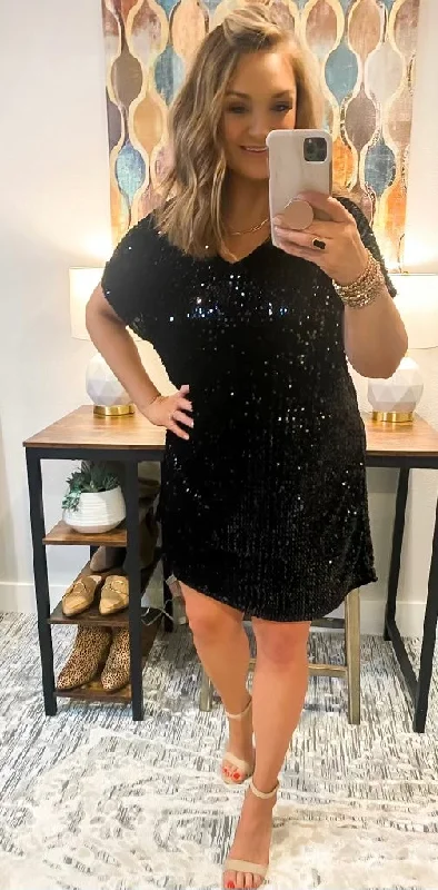Price Rollback Black Sequin Short Sleeve V Neck Dress