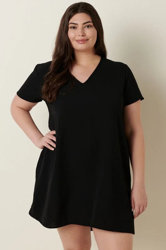 Savings Galore Black Woven V Neck Short Sleeve Shift Dress