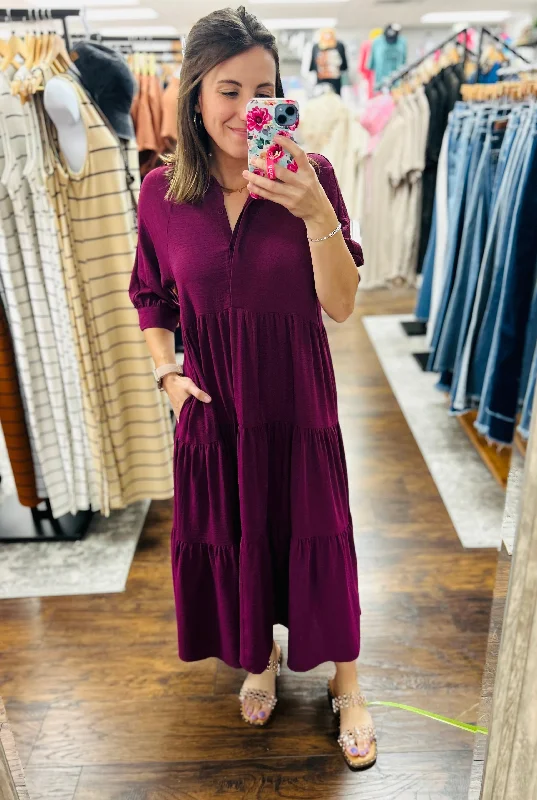 Sneak Peek Sale Button Front Tiered Maxi Dress Magenta