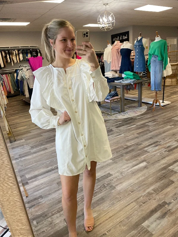 Daily Deals Button Up Ruffle Detail Dress - White