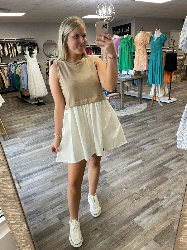 Overstock Colorblock Twofer Dress - Taupe/Ivory