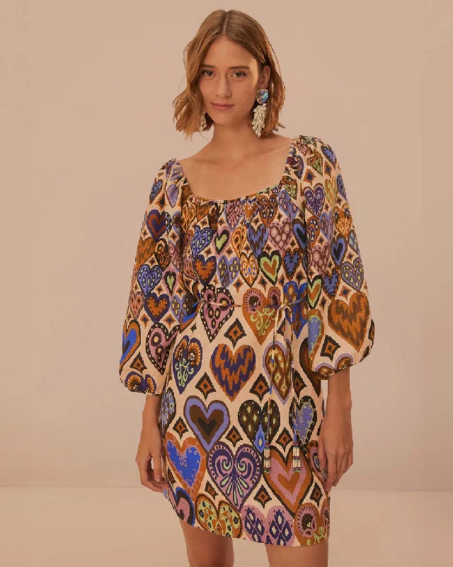 Limited Time Cream Hearts Ikat Square Neckline Mini Dress