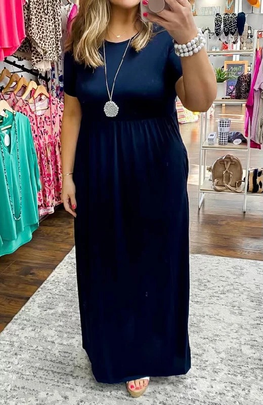 Stock Clearance Dark Navy Short Sleeve Maxi Dress