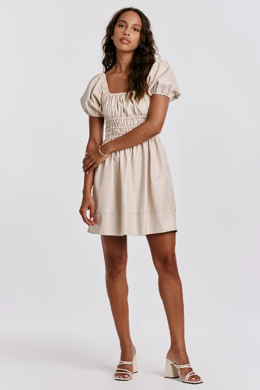 Now or Never DELANEY PUFF SLEEVE DRESS BONE VEGAN LEATHER