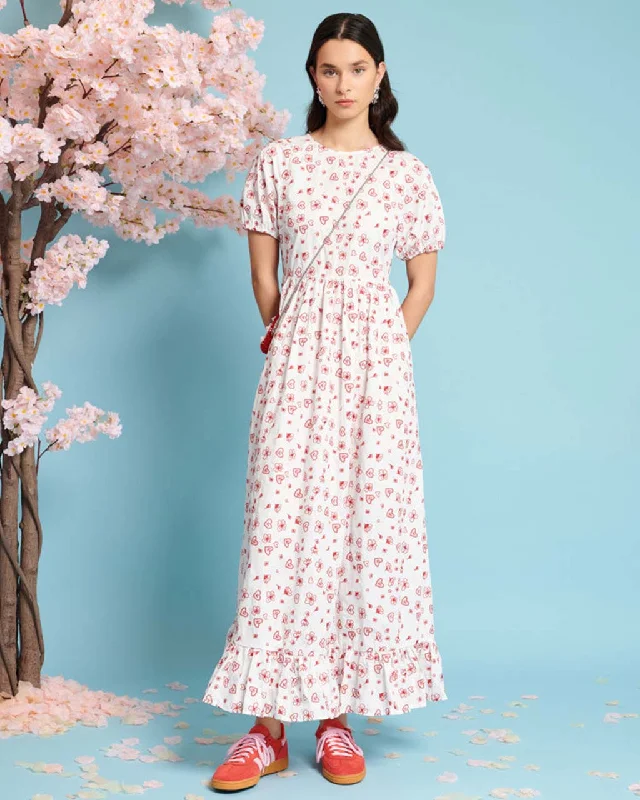 Super Bargain Doodle Bloom Midi Dress - Ivory + Red