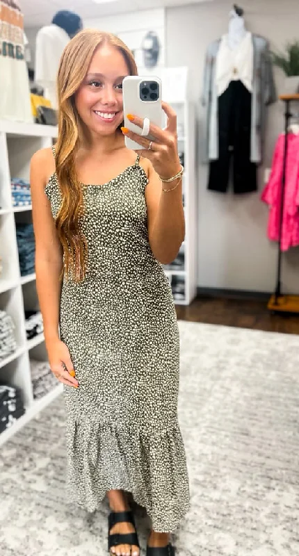 Major Savings Dusty Green Mini Leopard Ruffle Hem Maxi Dress