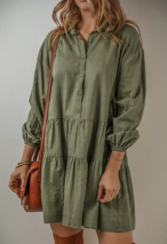 Act Now Dusty Green Tiered Button Shirt Dress