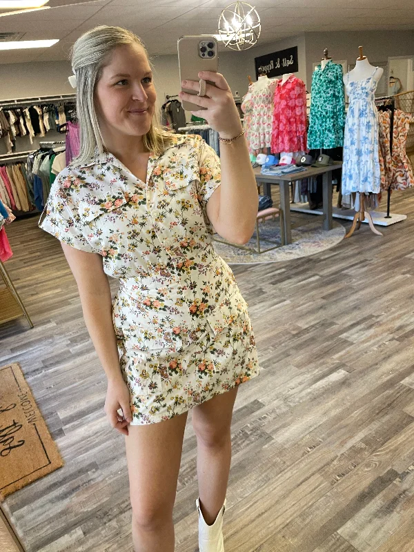Crazy Savings Floral Button Up Skort Romper - Ivory