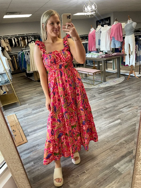 Instant Savings Floral Pleated Midi Dress - Coral/Pink Multi