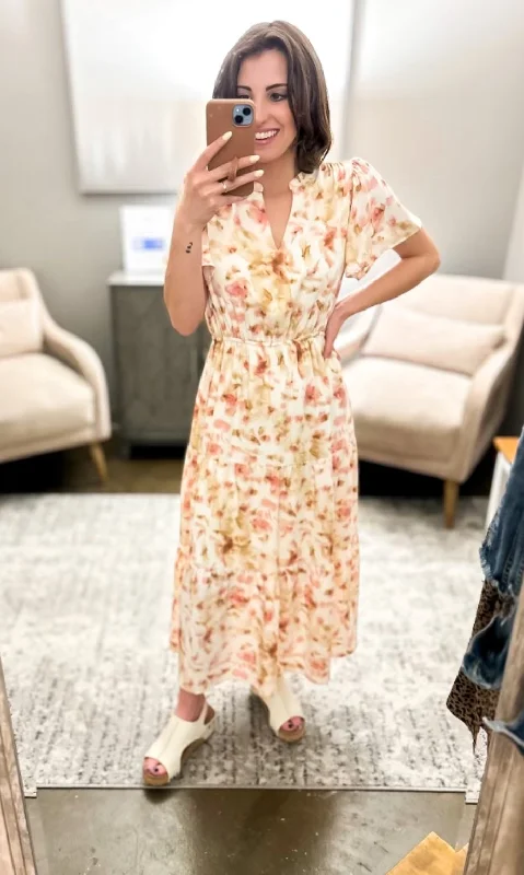 Deal Alert Floral Print Flutter Sleeve Maxi Dress