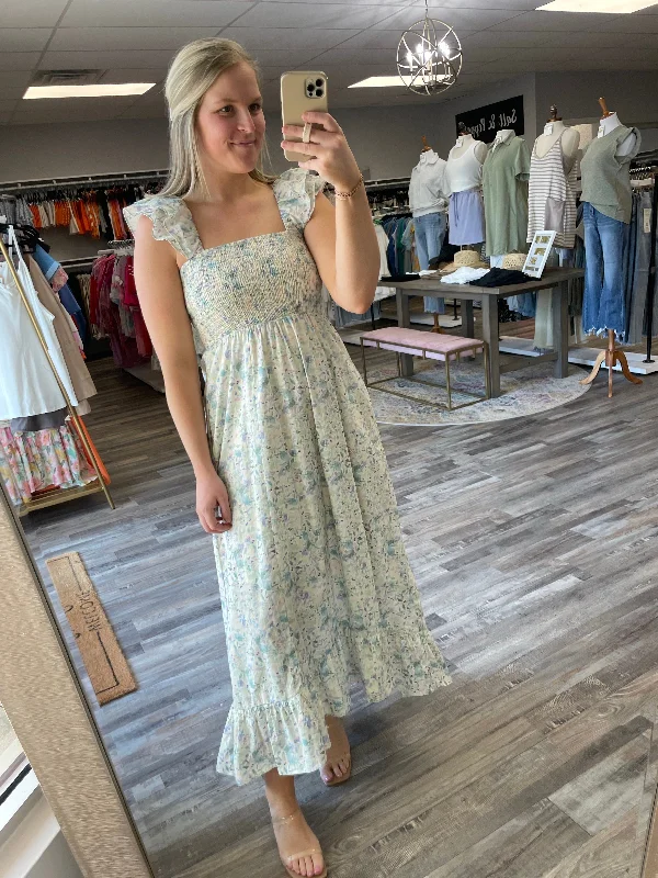Deep Discounts Floral Smocked Midi Dress - Sea Green