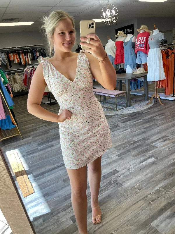 Year-End Clearance Floral V-Neck Mini Dress - White/Pink