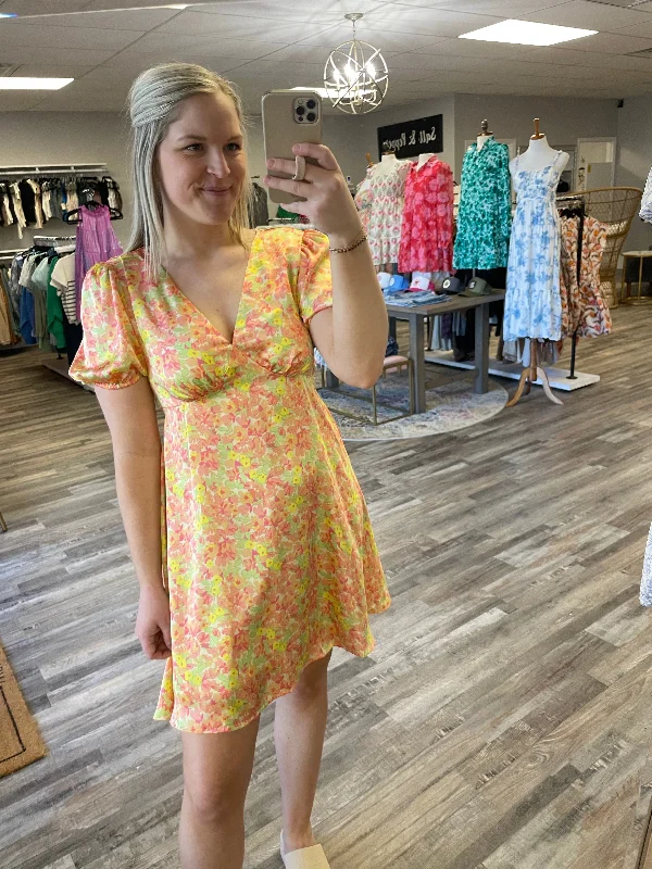 Best Deals Flower Satin Mini Dress - Yellow Combo