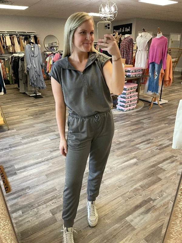 Special Discount French Terry Hooded Jumpsuit - Charcoal