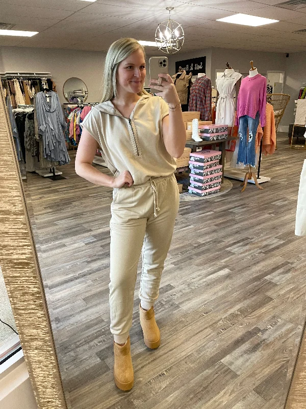 Time-Limited Offer French Terry Hooded Jumpsuit - Taupe