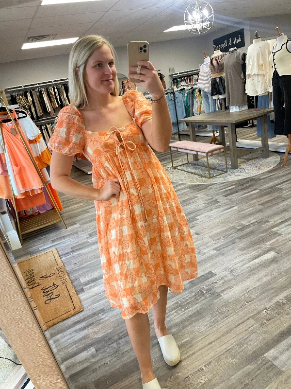 Crazy Savings Gingham Printed Babydoll Dress - Orange