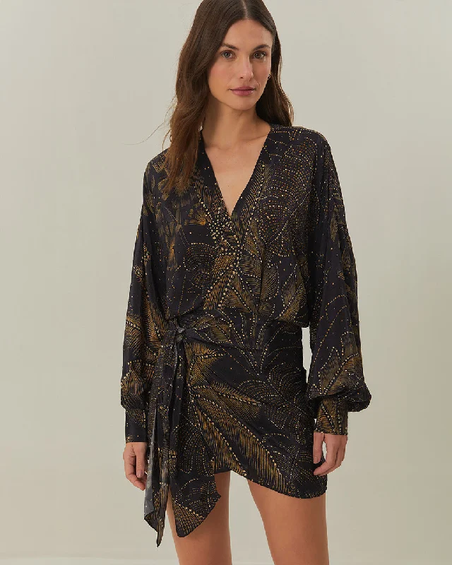 Take Advantage Golden Foliage Black Puffy Sleeve Mini Dress