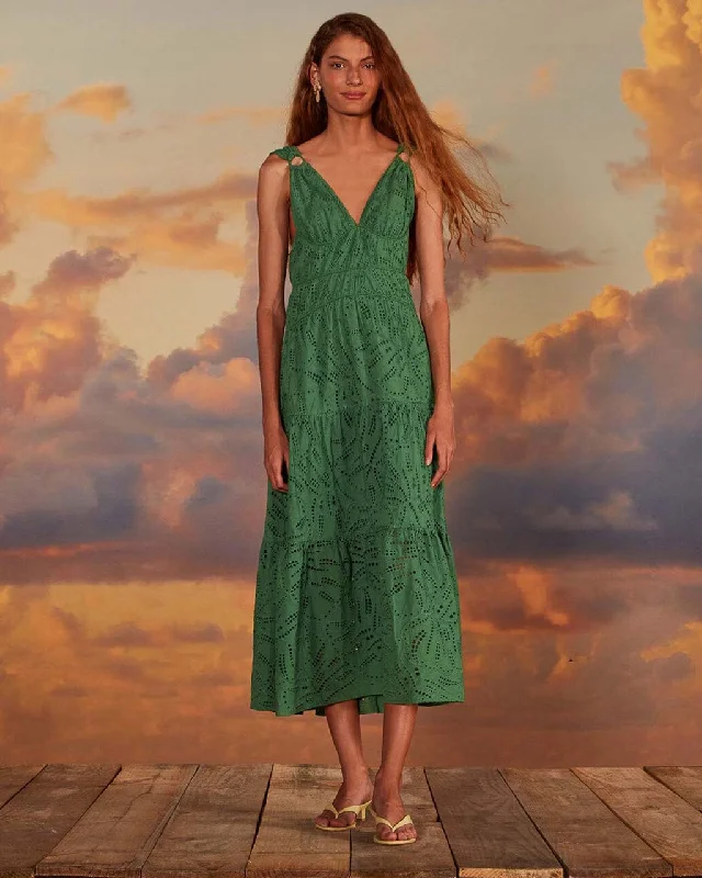 Savings Galore Green Monstera Corset Eyelet Maxi Dress