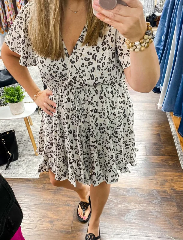Instant Discount Grey Beige Animal Print Ruffle Dress