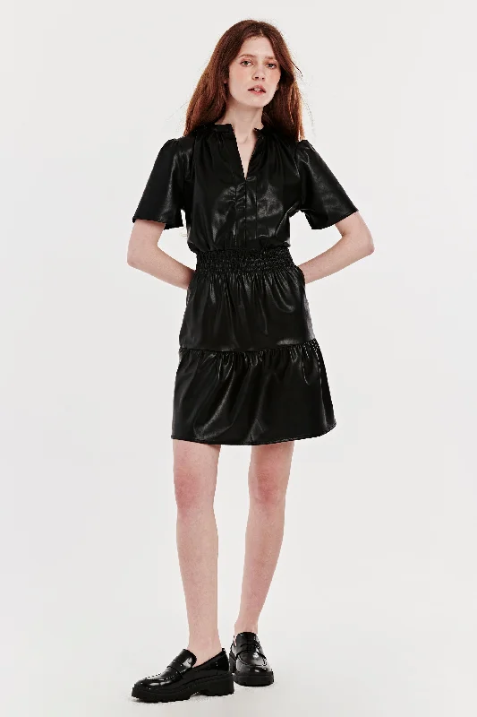 Can't Miss HEIDI SMOCK WAIST DRESS BLACK VEGAN LEATHER